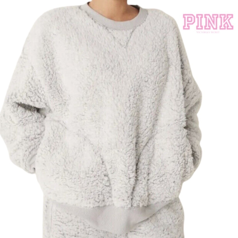 PINK Victoria Secret Sherpa Crew Oversized Sweatshirt - Grey - Size Small